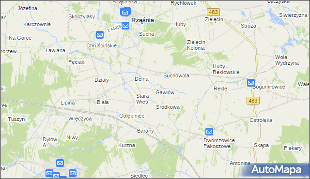 mapa Gawłów gmina Rząśnia, Gawłów gmina Rząśnia na mapie Targeo
