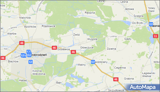 mapa Główczyce gmina Dobrodzień, Główczyce gmina Dobrodzień na mapie Targeo