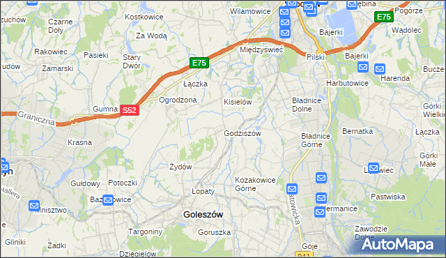mapa Godziszów gmina Goleszów, Godziszów gmina Goleszów na mapie Targeo