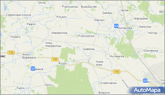 mapa Gołębiów gmina Jasieniec, Gołębiów gmina Jasieniec na mapie Targeo