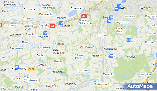 mapa Gołuchowice gmina Skawina, Gołuchowice gmina Skawina na mapie Targeo