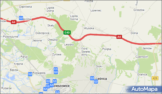 mapa Góra Świętej Anny gmina Leśnica, Góra Świętej Anny gmina Leśnica na mapie Targeo