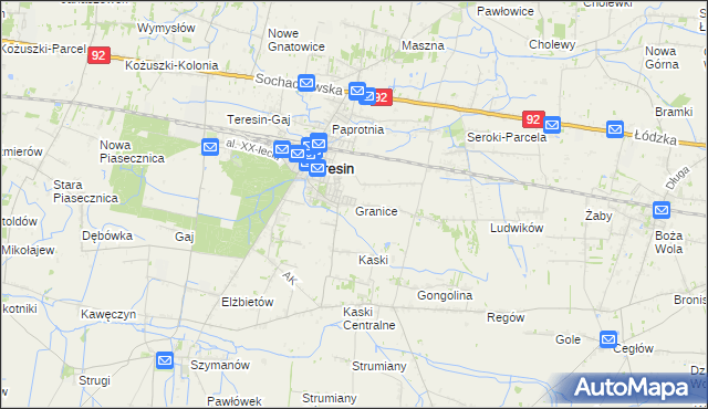 mapa Granice gmina Teresin, Granice gmina Teresin na mapie Targeo