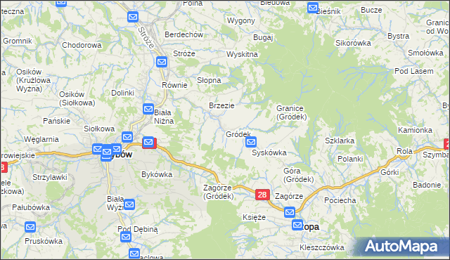 mapa Gródek gmina Grybów, Gródek gmina Grybów na mapie Targeo