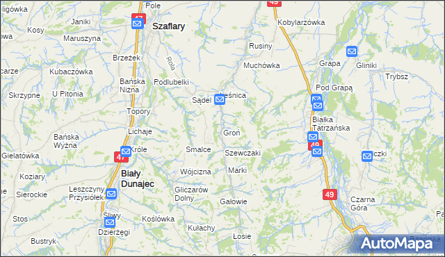 mapa Groń gmina Bukowina Tatrzańska, Groń gmina Bukowina Tatrzańska na mapie Targeo