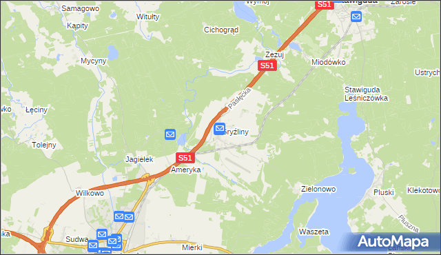mapa Gryźliny gmina Stawiguda, Gryźliny gmina Stawiguda na mapie Targeo