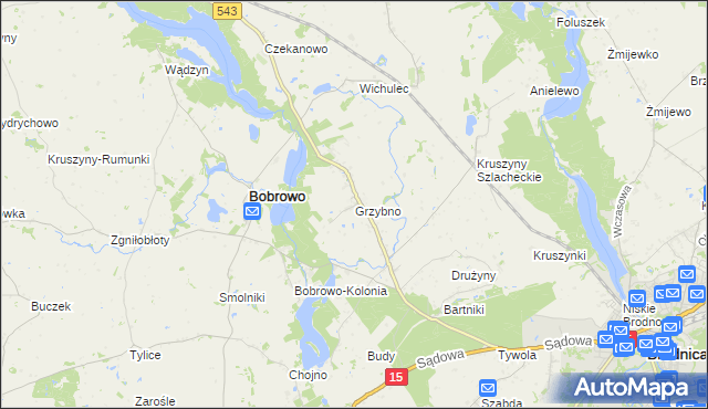 mapa Grzybno gmina Bobrowo, Grzybno gmina Bobrowo na mapie Targeo