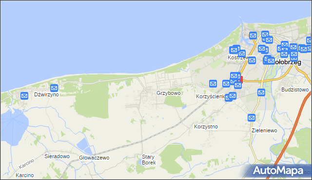 mapa Grzybowo gmina Kołobrzeg, Grzybowo gmina Kołobrzeg na mapie Targeo