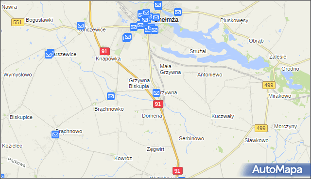 mapa Grzywna gmina Chełmża, Grzywna gmina Chełmża na mapie Targeo