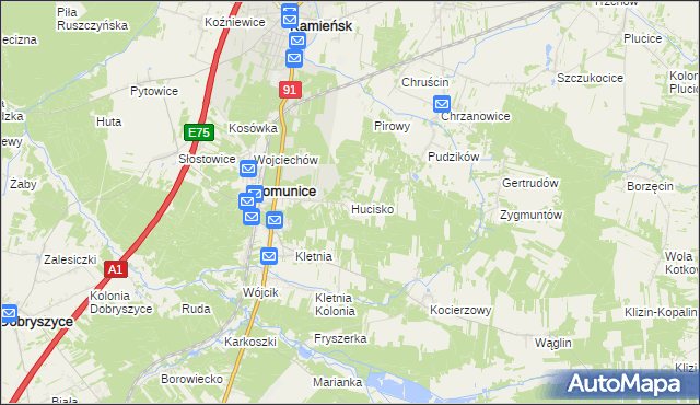 mapa Hucisko gmina Gomunice, Hucisko gmina Gomunice na mapie Targeo
