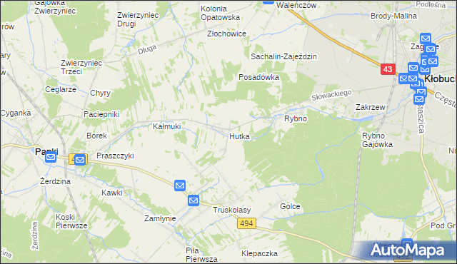 mapa Hutka gmina Wręczyca Wielka, Hutka gmina Wręczyca Wielka na mapie Targeo