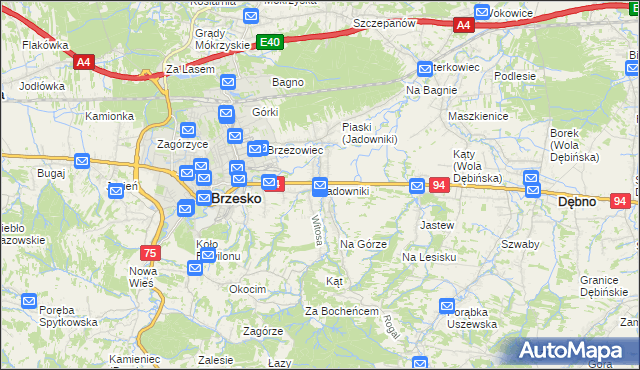 mapa Jadowniki gmina Brzesko, Jadowniki gmina Brzesko na mapie Targeo