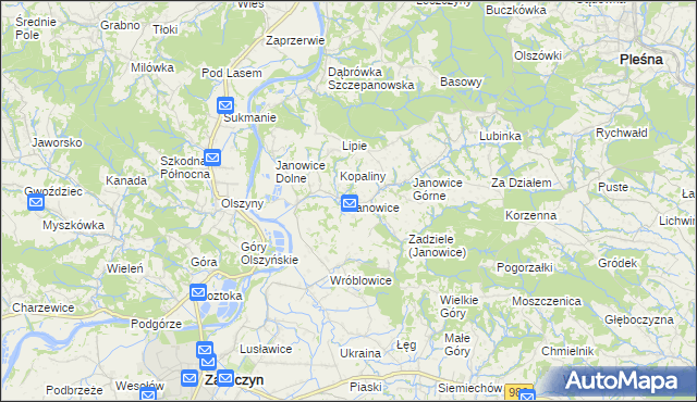mapa Janowice gmina Pleśna, Janowice gmina Pleśna na mapie Targeo