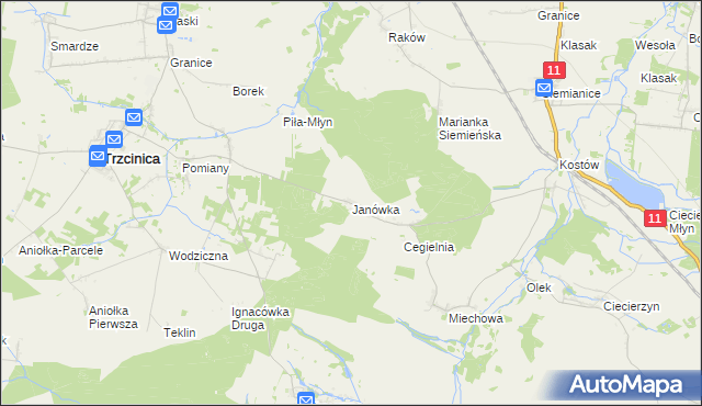 mapa Janówka gmina Byczyna, Janówka gmina Byczyna na mapie Targeo