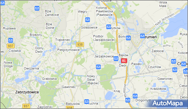 mapa Jarząbkowice gmina Pawłowice, Jarząbkowice gmina Pawłowice na mapie Targeo