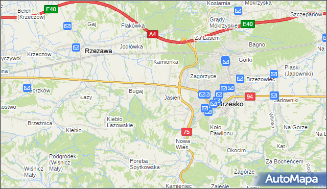 mapa Jasień gmina Brzesko, Jasień gmina Brzesko na mapie Targeo