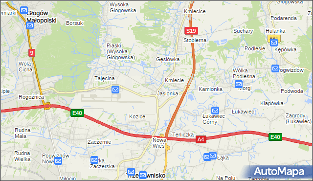 mapa Jasionka gmina Trzebownisko, Jasionka gmina Trzebownisko na mapie Targeo