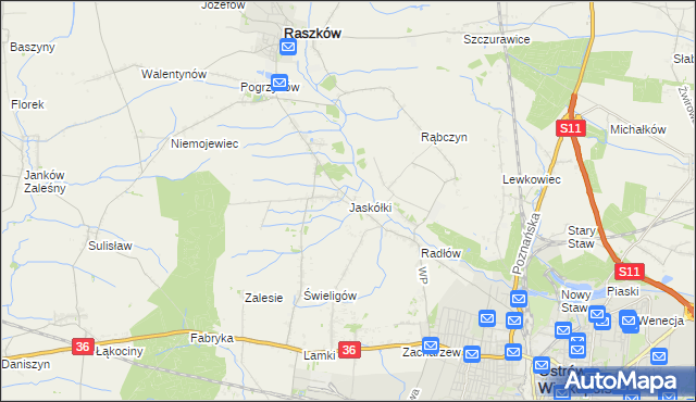 mapa Jaskółki gmina Raszków, Jaskółki gmina Raszków na mapie Targeo