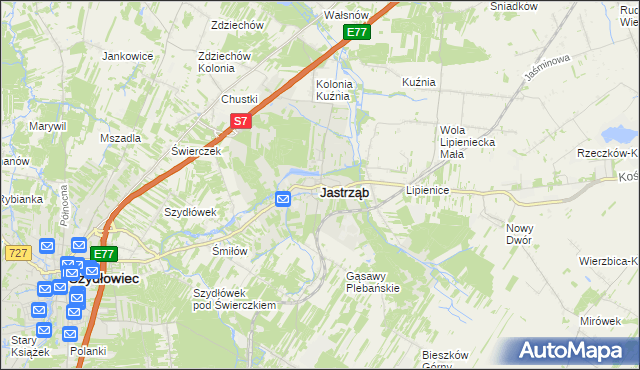 mapa Jastrząb powiat szydłowiecki, Jastrząb powiat szydłowiecki na mapie Targeo