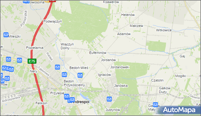 mapa Jordanów gmina Brzeziny, Jordanów gmina Brzeziny na mapie Targeo