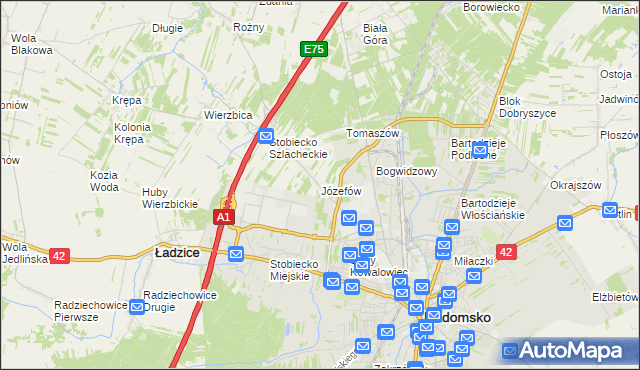 mapa Józefów gmina Ładzice, Józefów gmina Ładzice na mapie Targeo