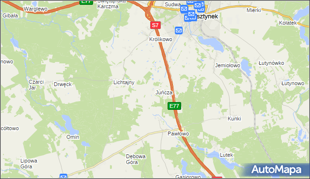 mapa Juńcza gmina Olsztynek, Juńcza gmina Olsztynek na mapie Targeo