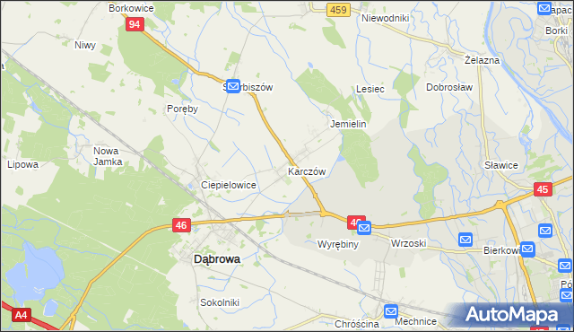 mapa Karczów gmina Dąbrowa, Karczów gmina Dąbrowa na mapie Targeo
