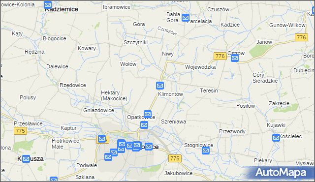 mapa Klimontów gmina Proszowice, Klimontów gmina Proszowice na mapie Targeo