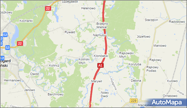 mapa Klonówka gmina Starogard Gdański, Klonówka gmina Starogard Gdański na mapie Targeo
