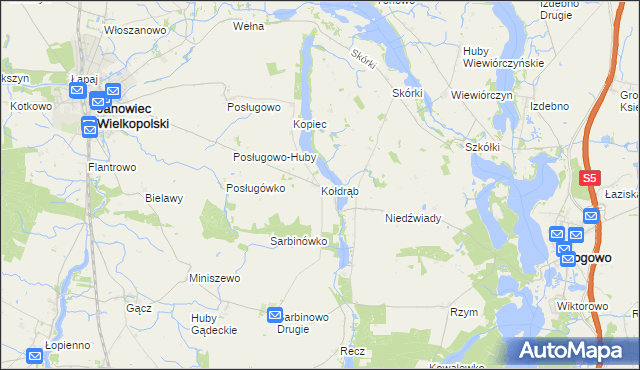 mapa Kołdrąb gmina Janowiec Wielkopolski, Kołdrąb gmina Janowiec Wielkopolski na mapie Targeo