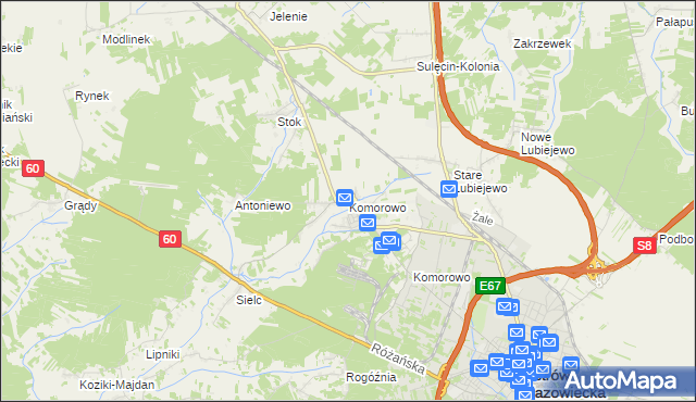 mapa Komorowo gmina Ostrów Mazowiecka, Komorowo gmina Ostrów Mazowiecka na mapie Targeo