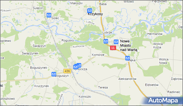 mapa Komorze gmina Nowe Miasto nad Wartą, Komorze gmina Nowe Miasto nad Wartą na mapie Targeo