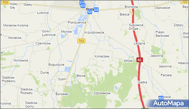 mapa Konarzew gmina Piątek, Konarzew gmina Piątek na mapie Targeo