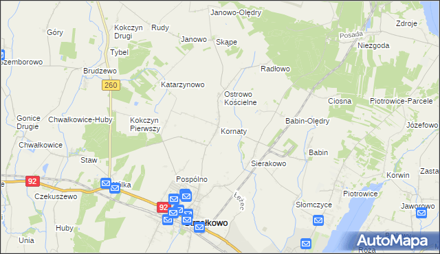 mapa Kornaty gmina Strzałkowo, Kornaty gmina Strzałkowo na mapie Targeo