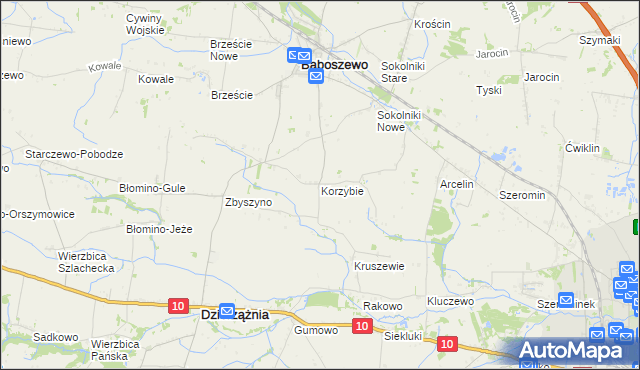 mapa Korzybie gmina Baboszewo, Korzybie gmina Baboszewo na mapie Targeo