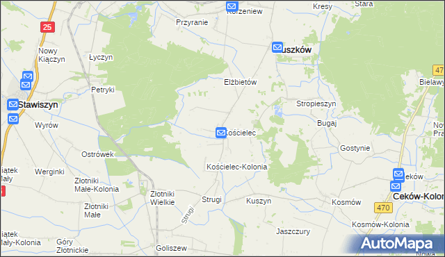 mapa Kościelec gmina Mycielin, Kościelec gmina Mycielin na mapie Targeo