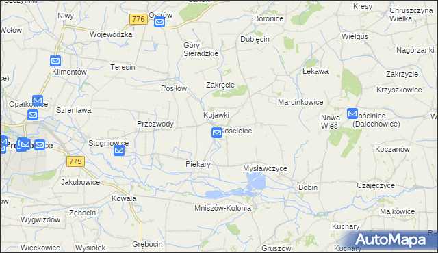 mapa Kościelec gmina Proszowice, Kościelec gmina Proszowice na mapie Targeo