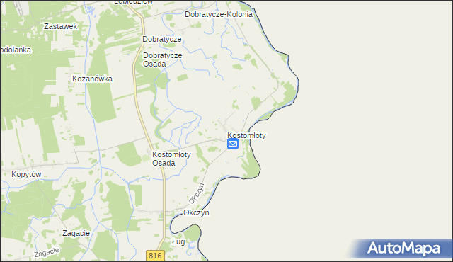 mapa Kostomłoty gmina Kodeń, Kostomłoty gmina Kodeń na mapie Targeo