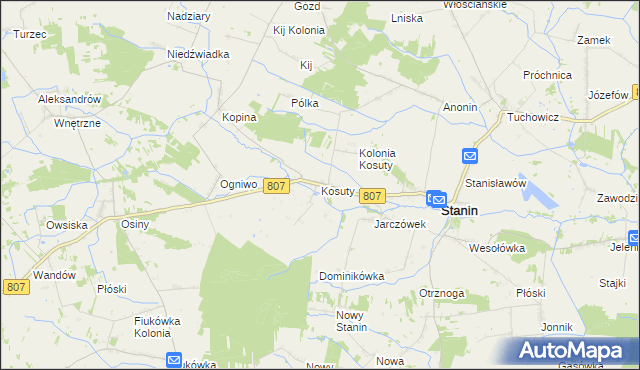 mapa Kosuty gmina Stanin, Kosuty gmina Stanin na mapie Targeo