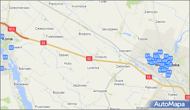 mapa Koszuty gmina Środa Wielkopolska, Koszuty gmina Środa Wielkopolska na mapie Targeo