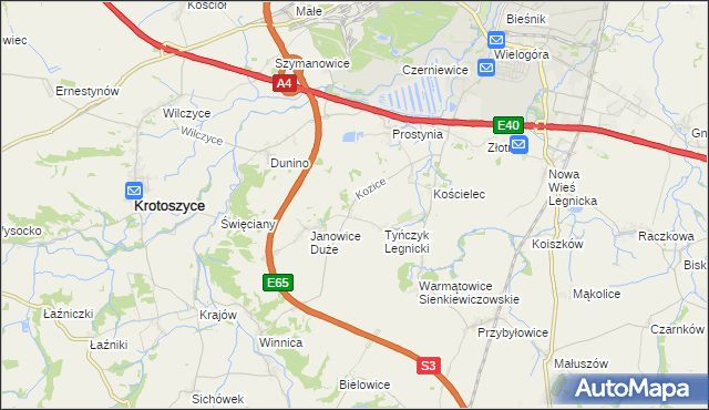 mapa Kozice gmina Krotoszyce, Kozice gmina Krotoszyce na mapie Targeo