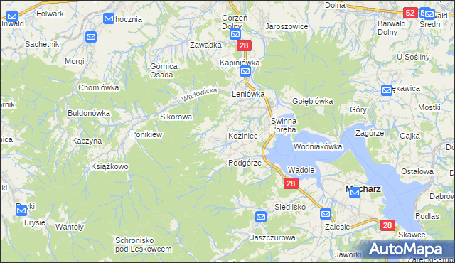 mapa Koziniec gmina Mucharz, Koziniec gmina Mucharz na mapie Targeo