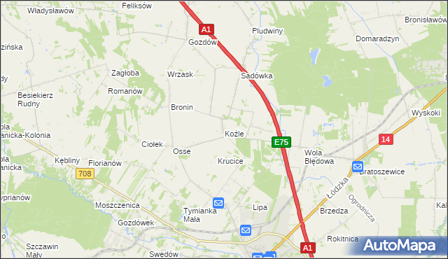 mapa Koźle gmina Stryków, Koźle gmina Stryków na mapie Targeo