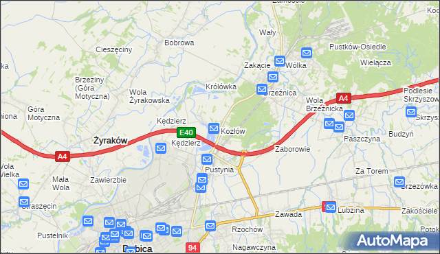 mapa Kozłów gmina Dębica, Kozłów gmina Dębica na mapie Targeo