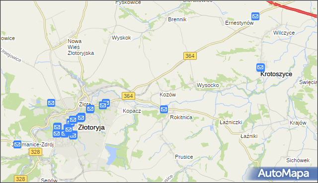 mapa Kozów gmina Złotoryja, Kozów gmina Złotoryja na mapie Targeo