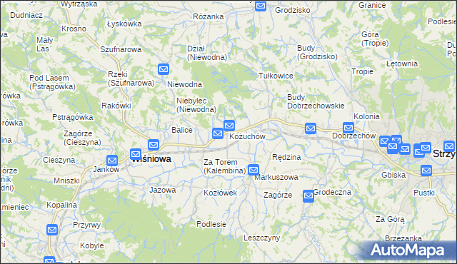 mapa Kożuchów gmina Wiśniowa, Kożuchów gmina Wiśniowa na mapie Targeo