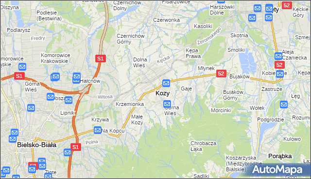 mapa Kozy powiat bielski, Kozy powiat bielski na mapie Targeo