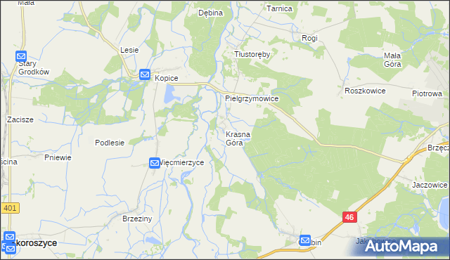 mapa Krasna Góra gmina Niemodlin, Krasna Góra gmina Niemodlin na mapie Targeo
