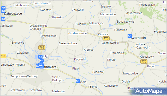 mapa Krępice gmina Skalbmierz, Krępice gmina Skalbmierz na mapie Targeo