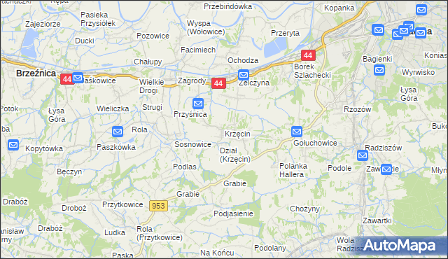 mapa Krzęcin gmina Skawina, Krzęcin gmina Skawina na mapie Targeo